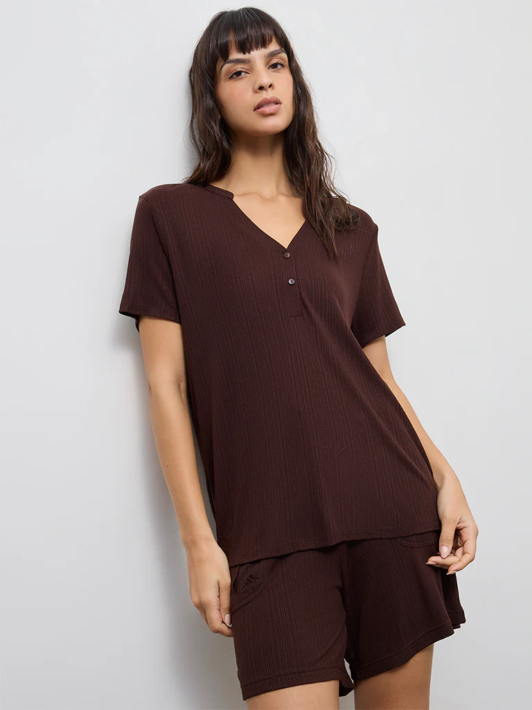 Wunderlove Dark Brown Ribbed-Textured Henley Top - Image 2