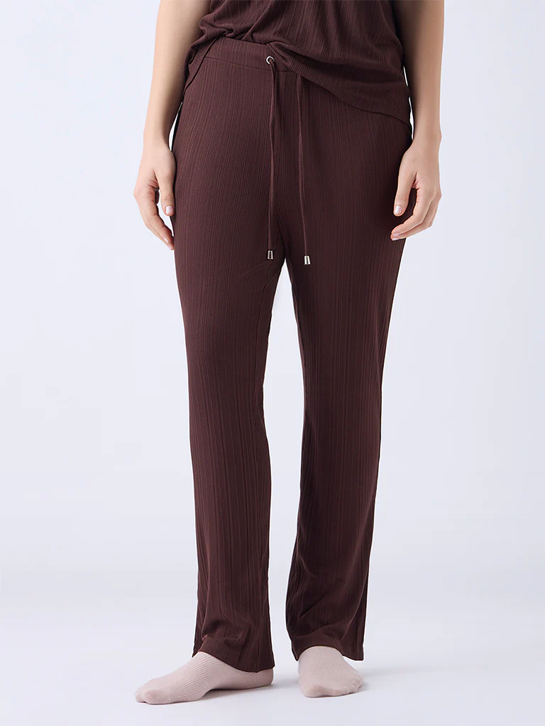 Wunderlove Dark Brown Ribbed-Textured High-Rise Pants - Image 2