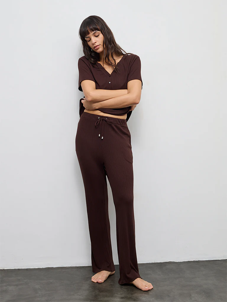 Wunderlove Dark Brown Ribbed-Textured High-Rise Pants