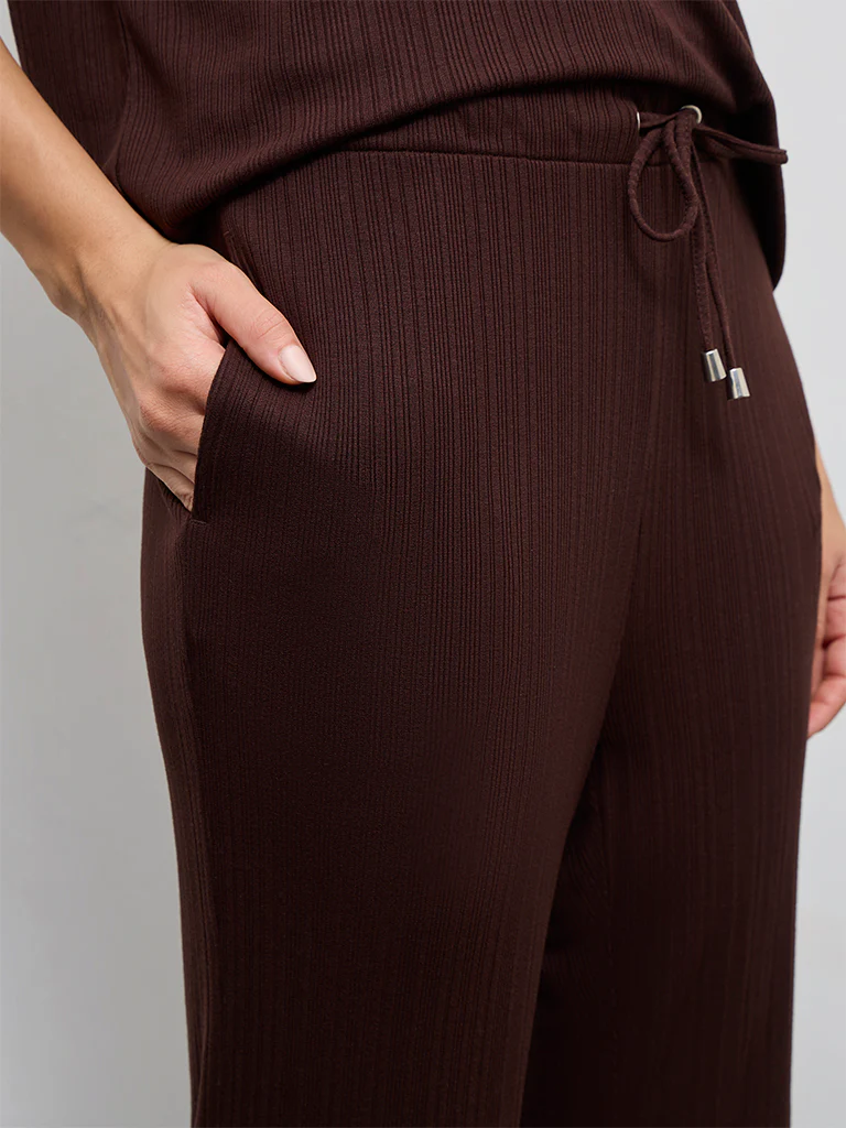 Wunderlove Dark Brown Ribbed-Textured High-Rise Pants - Image 3