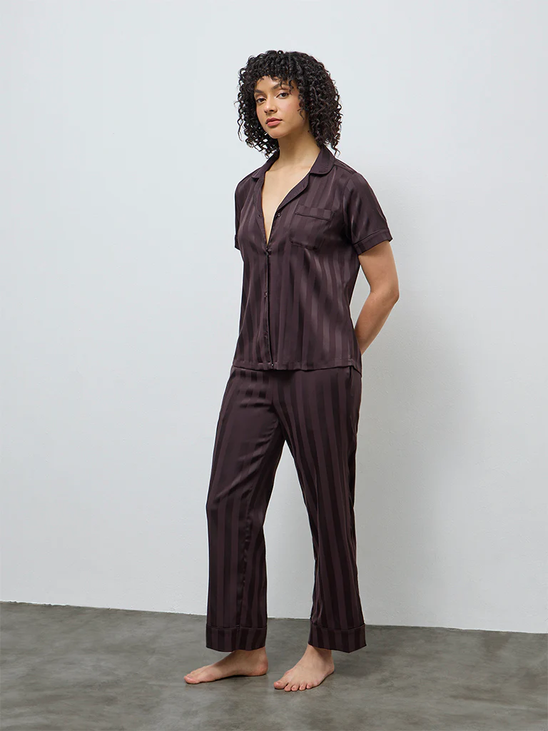 Wunderlove Dark Brown Self-Striped Satin Shirt and Pyjama Set - Image 2