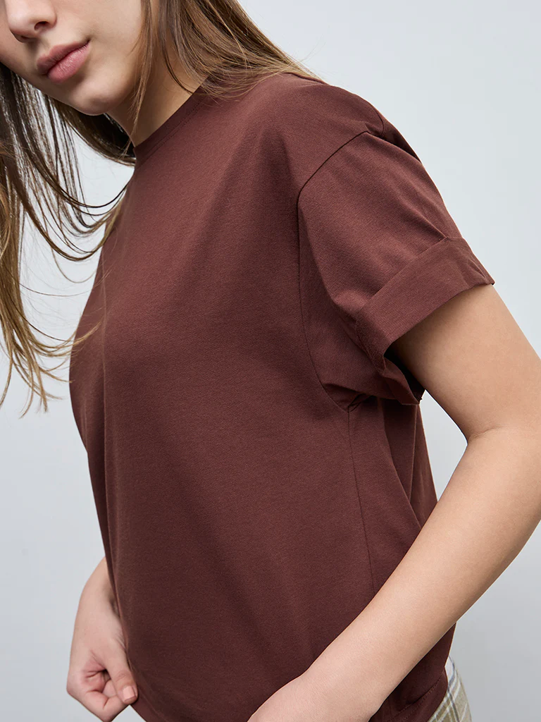 Wunderlove Dark Brown Solid Cotton T-Shirt - Image 3