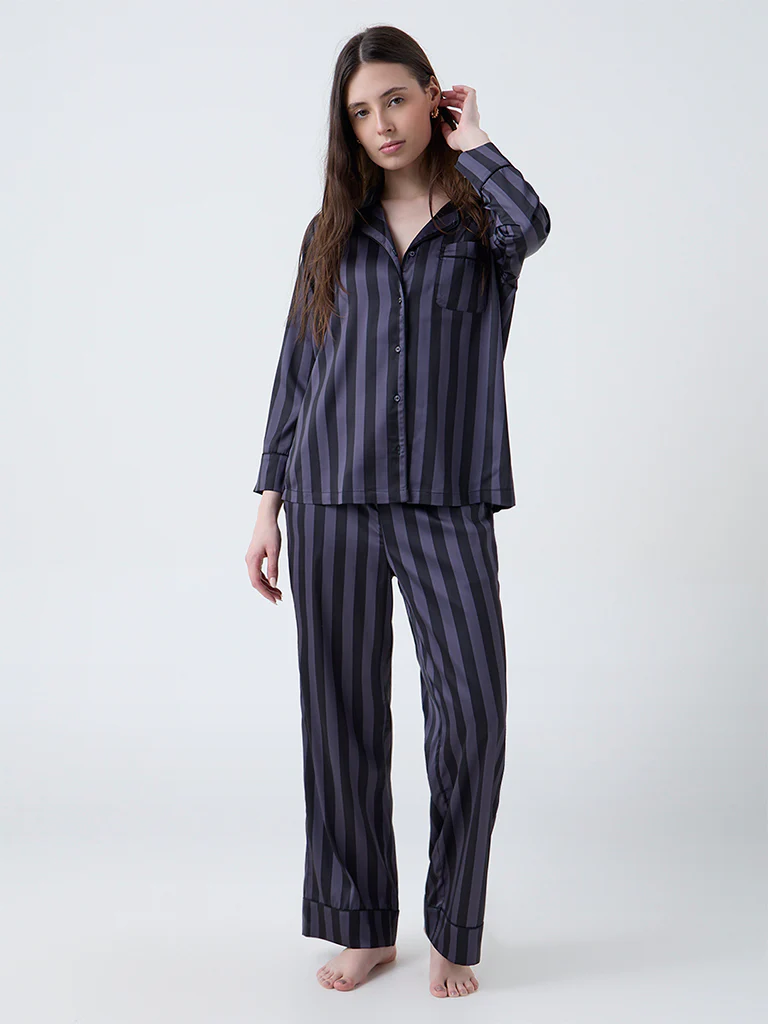 Wunderlove Dark Grey Striped Satin Shirt and Pyjamas Set - Image 2