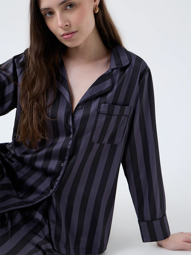 Wunderlove Dark Grey Striped Satin Shirt and Pyjamas Set - Image 3