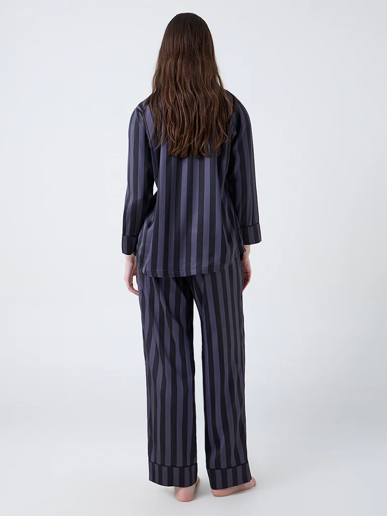 Wunderlove Dark Grey Striped Satin Shirt and Pyjamas Set - Image 4