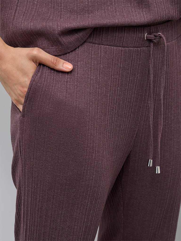Wunderlove Dark Mauve Self-Striped High-Rise Pants - Image 3