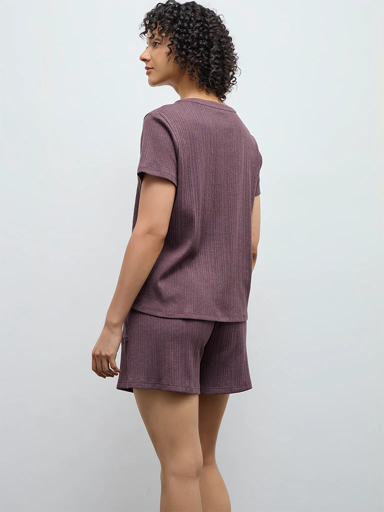 Wunderlove Dark Mauve Self-Striped High-Rise Shorts - Image 4