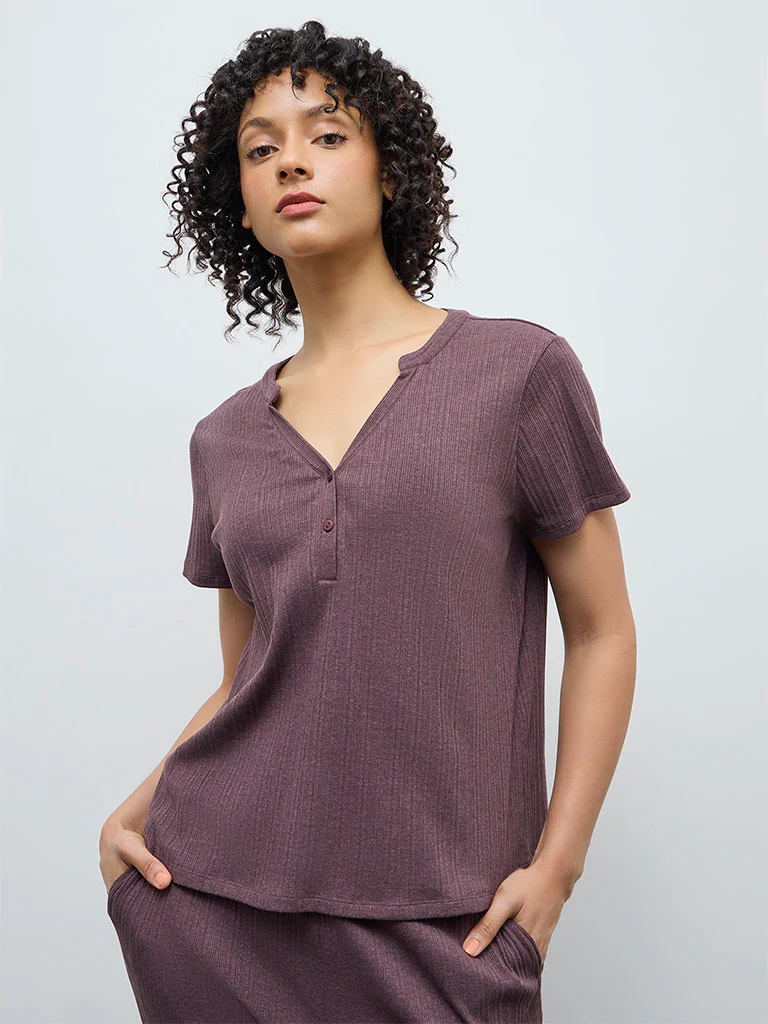 Wunderlove Dark Mauve Self-Striped Top - Image 2