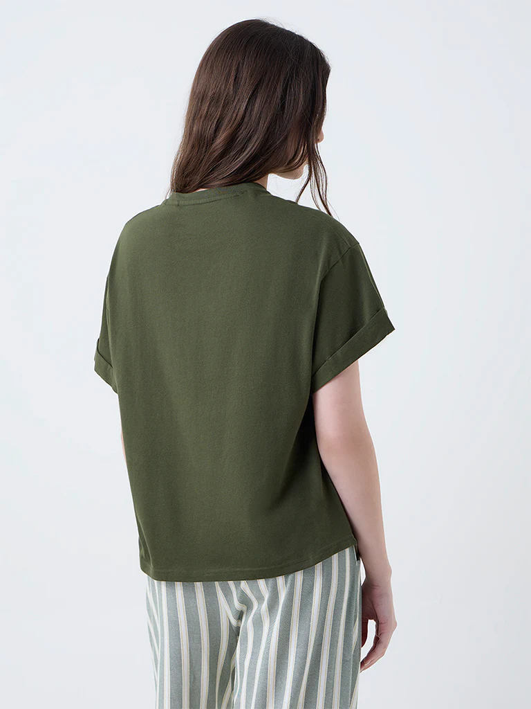 Wunderlove Dark Olive Solid Cotton T-Shirt - Image 2