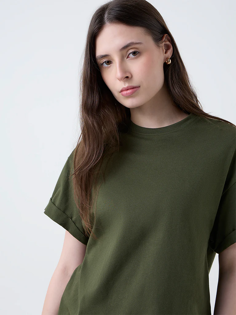 Wunderlove Dark Olive Solid Cotton T-Shirt - Image 3