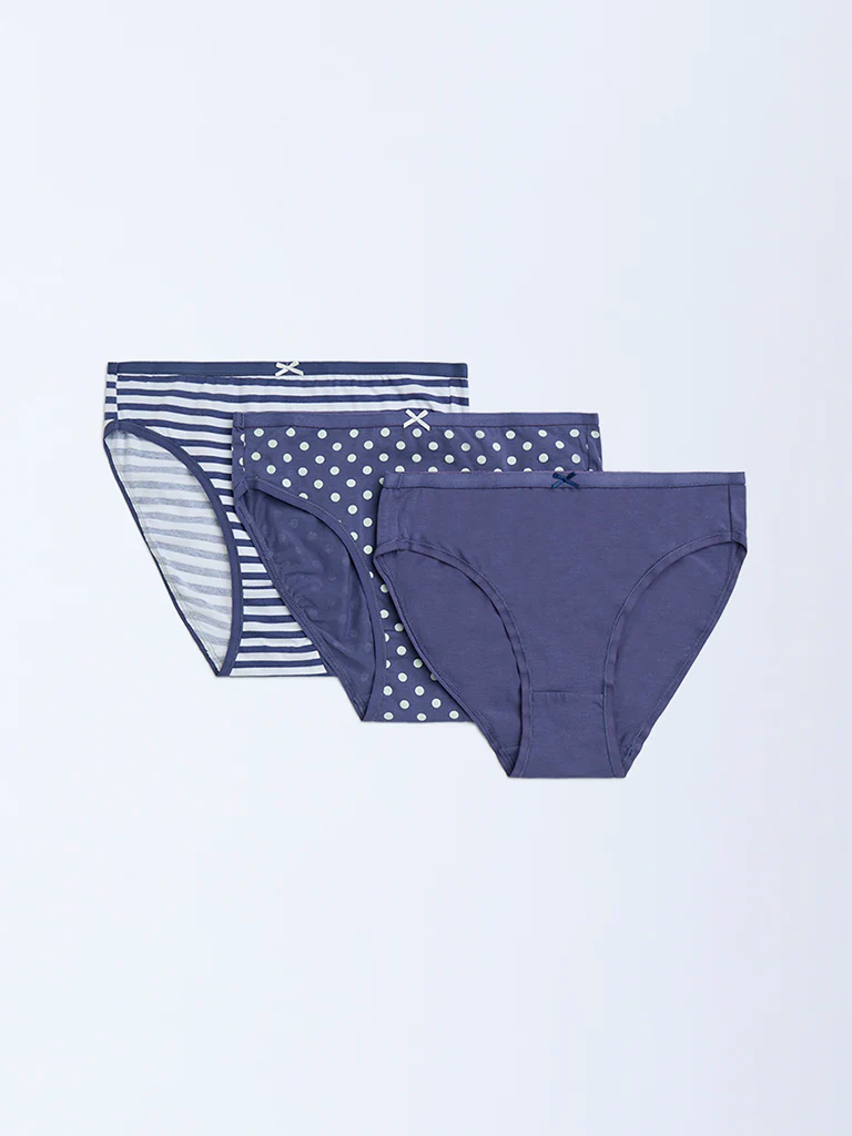 Wunderlove Dusty Blue Cotton-Blend Briefs - Pack of 3 - Image 2