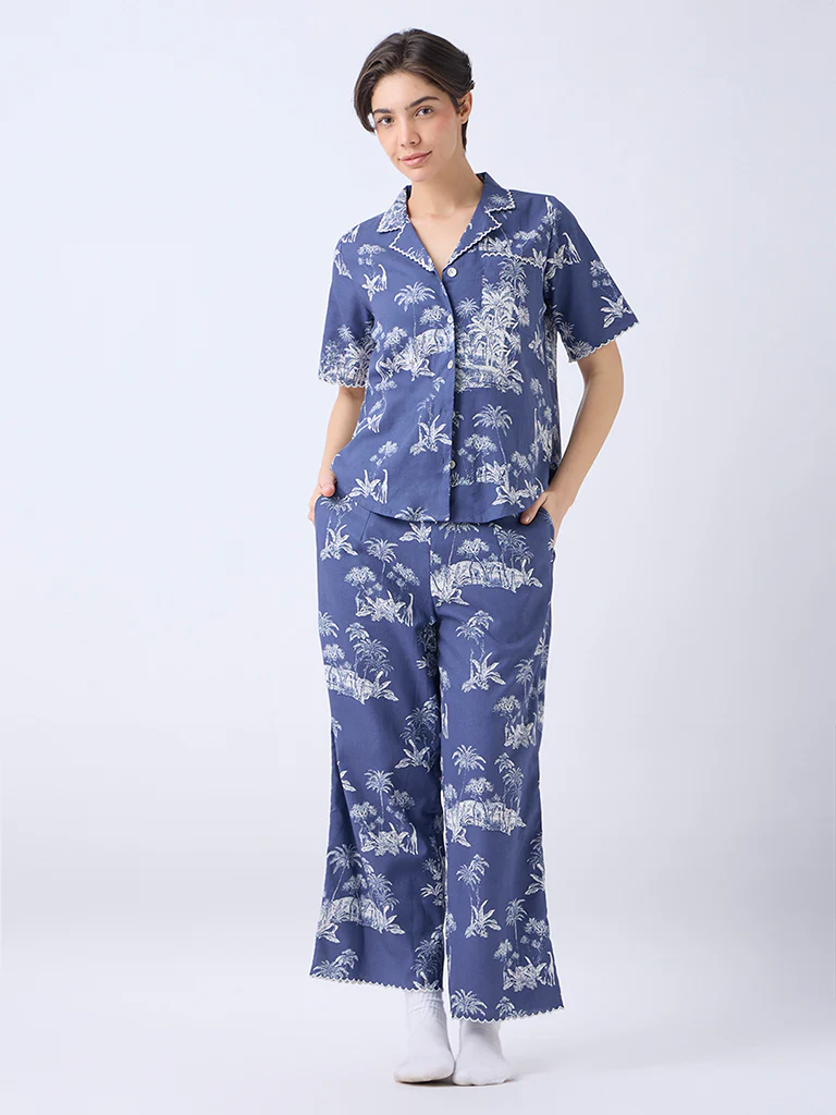 Wunderlove Dusty Blue Cotton Shirt and Pyjama Set - Image 2
