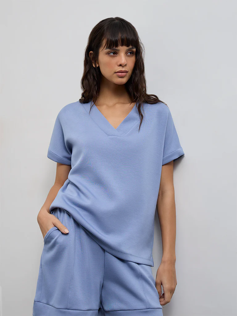 Wunderlove Dusty Blue Solid V-Neck Top - Image 2