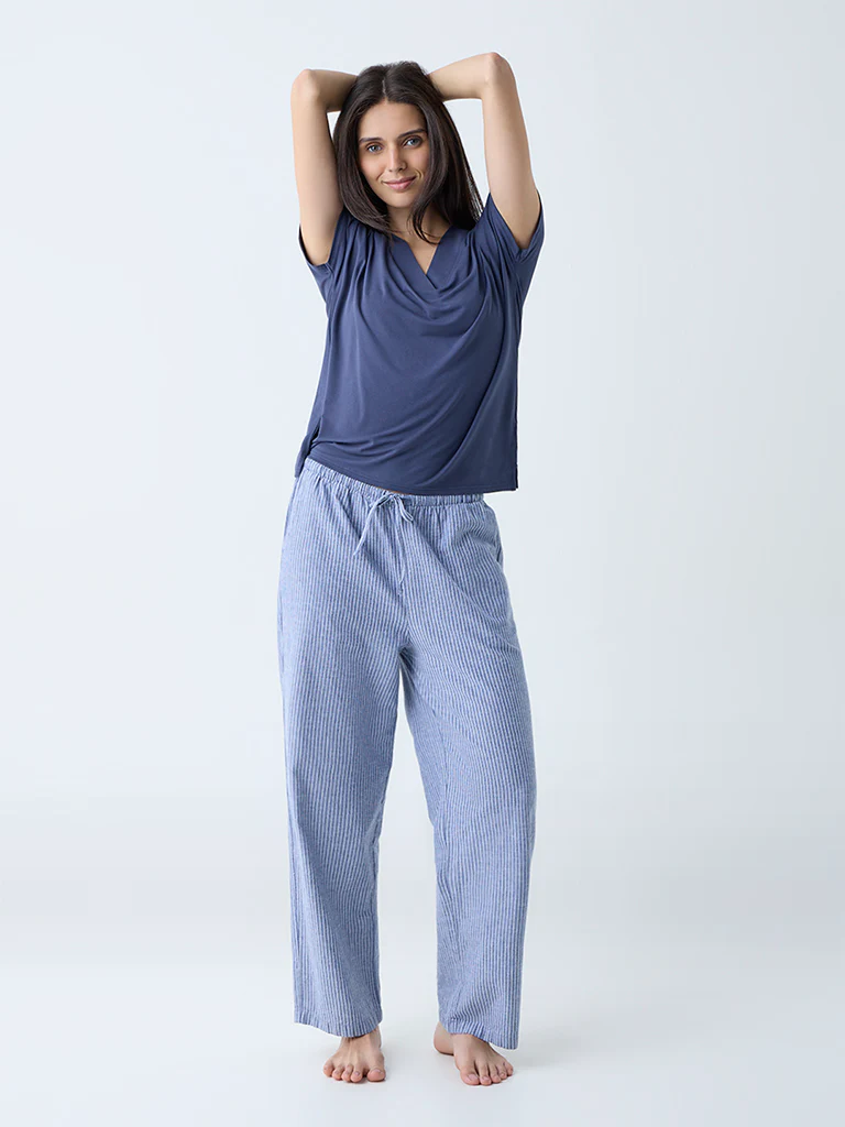 Wunderlove Dusty Blue Striped High-Rise Pants