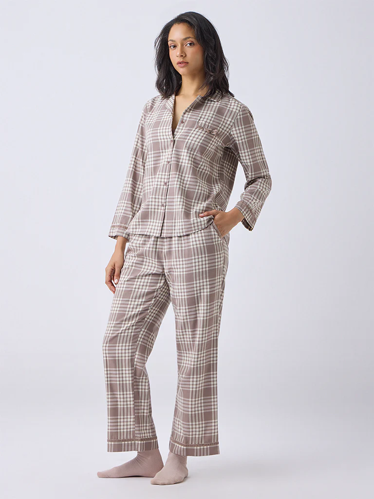 Wunderlove Dusty Brown Cotton-Blend Shirt and Pyjamas Set