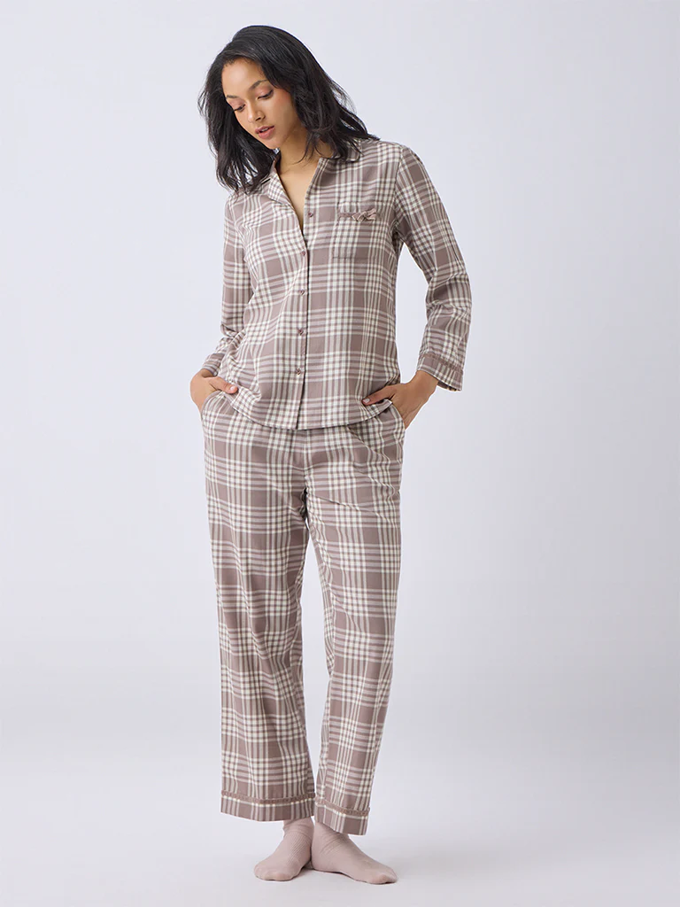 Wunderlove Dusty Brown Cotton-Blend Shirt and Pyjamas Set - Image 2
