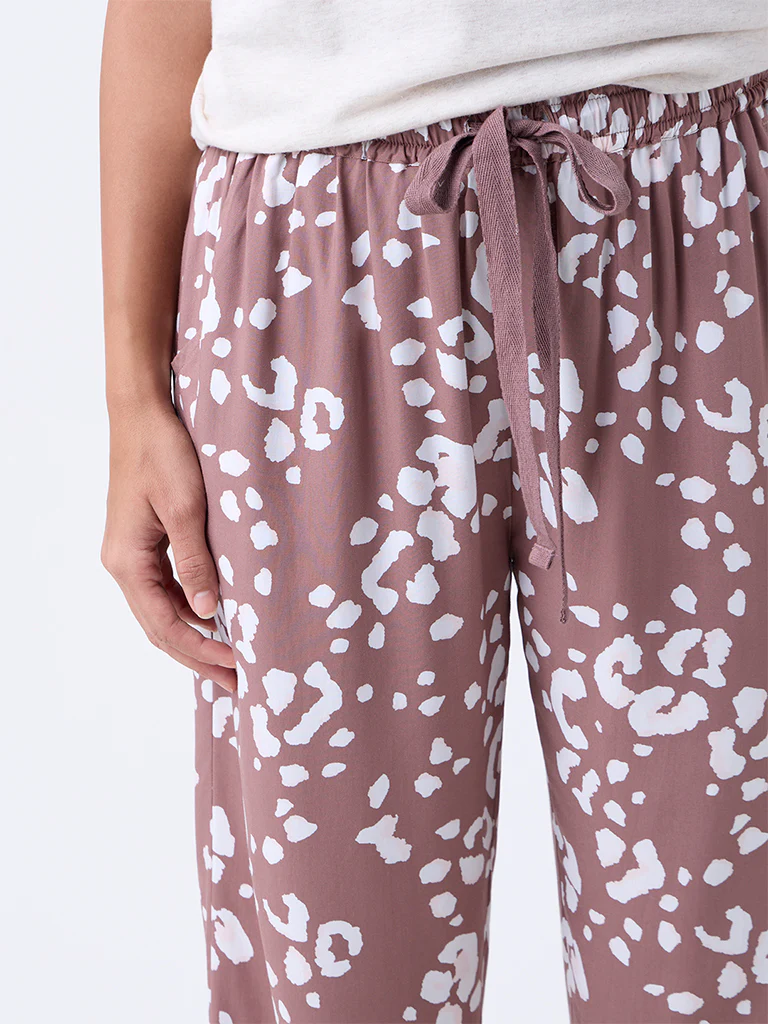 Wunderlove Dusty Brown Printed High-Rise Cotton Pants - Image 3