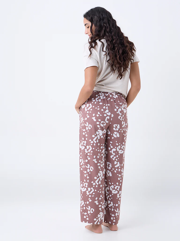 Wunderlove Dusty Brown Printed High-Rise Cotton Pants - Image 4