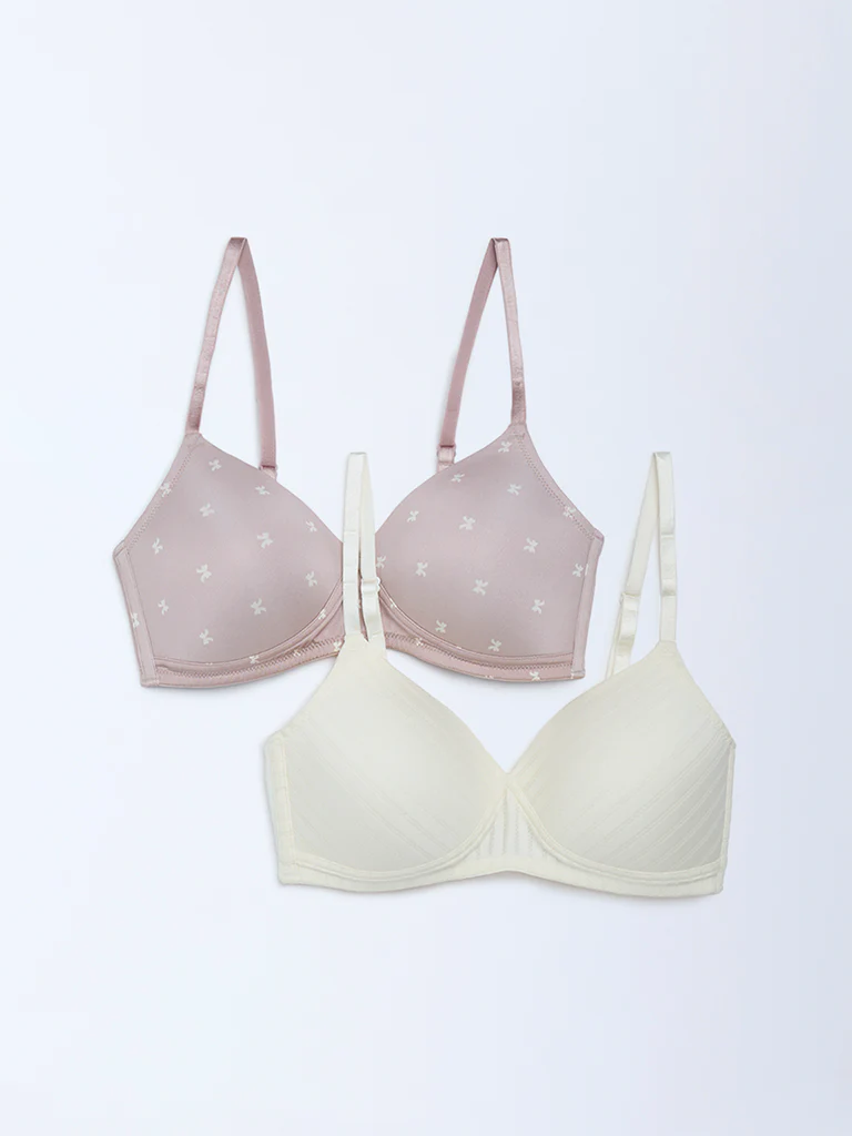 Wunderlove Dusty Pink Bow-Printed Padded Bra - Pack of 2 - Image 2