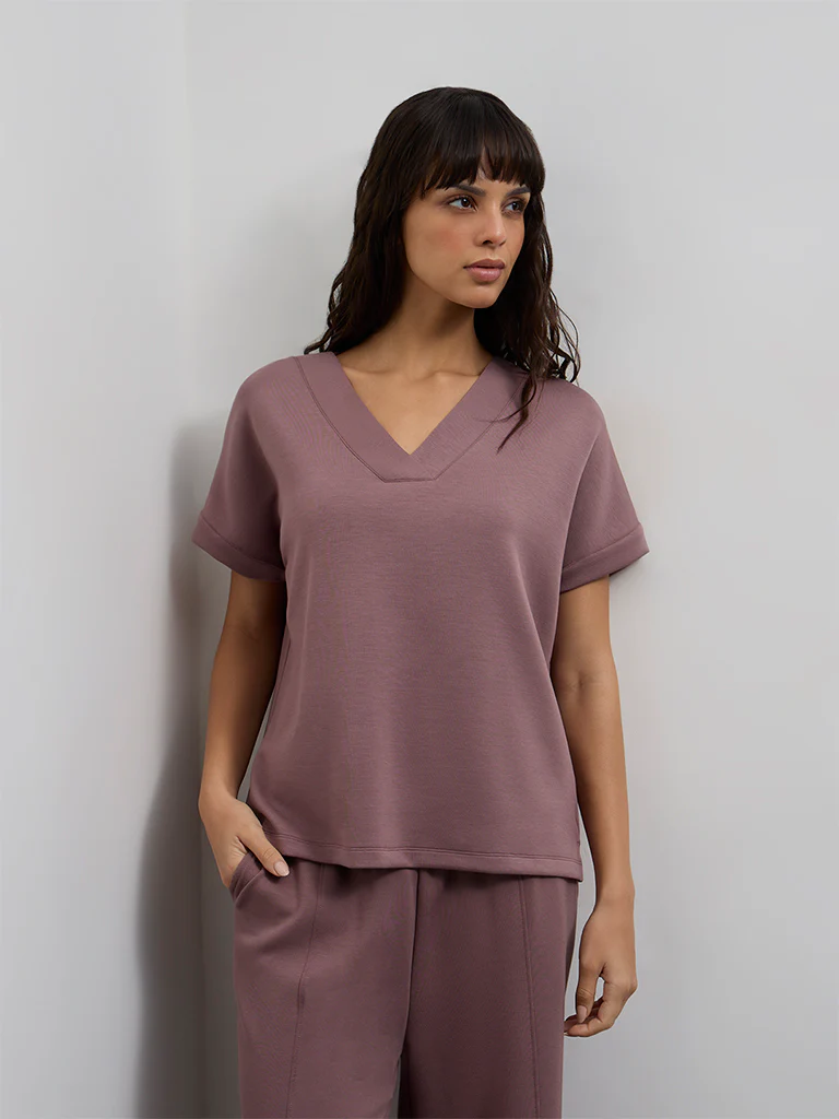 Wunderlove Dusty Pink Solid V-Neck Top