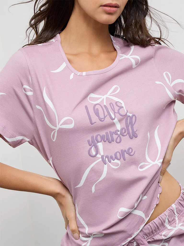 Wunderlove Dusty Pink Text Printed Cotton T-Shirt and Shorts Set - Image 3