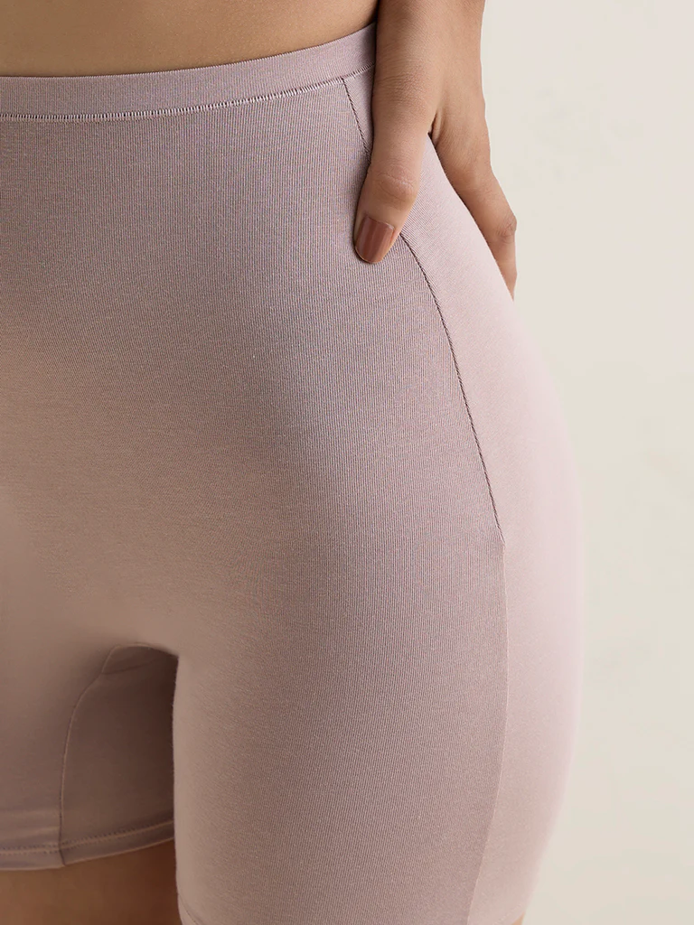 Wunderlove Dusty Taupe Cotton-Blend High-Rise Cycling Shorts - Image 3