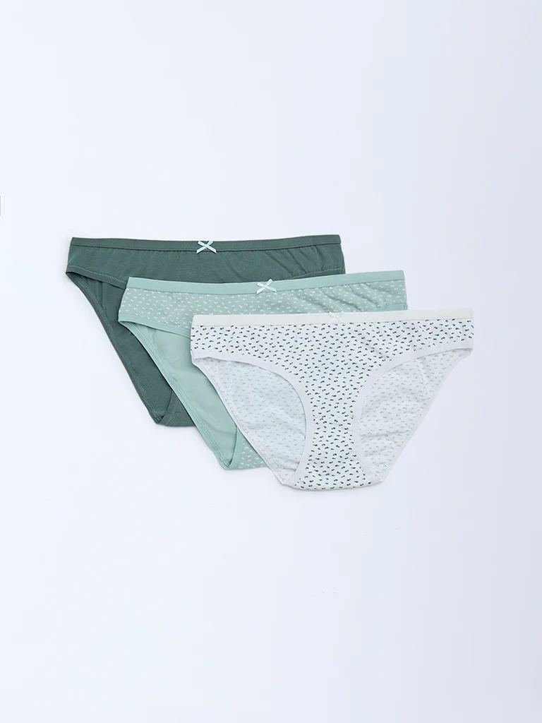 Wunderlove Green Floral Cotton-Blend Bikini Briefs - Pack of 3 - Image 2