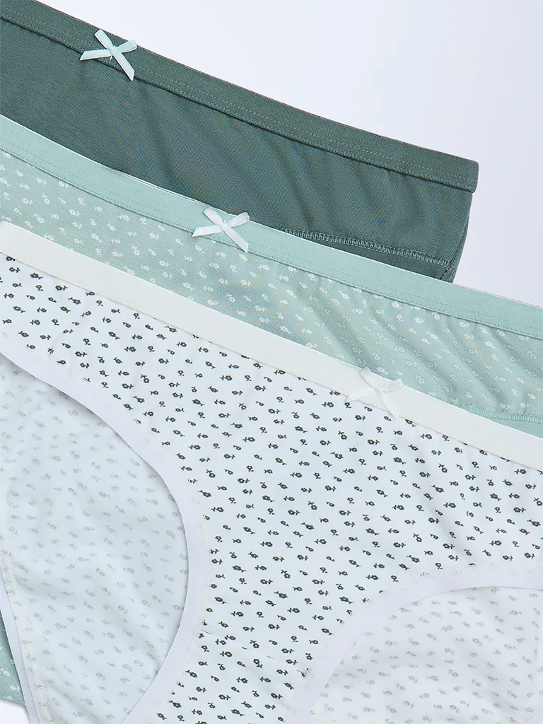Wunderlove Green Floral Cotton-Blend Bikini Briefs - Pack of 3 - Image 8