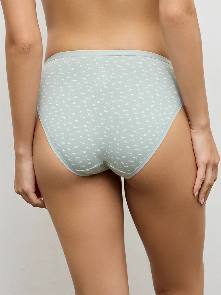 Wunderlove Green Floral Printed Cotton-Blend Hi-Leg Briefs - Pack of 3 - Image 5