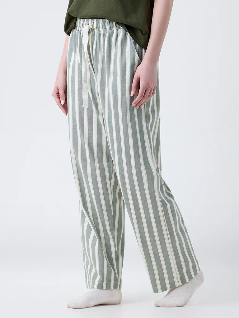 Wunderlove Green Striped Cotton High-Rise Lounge Pants - Image 2