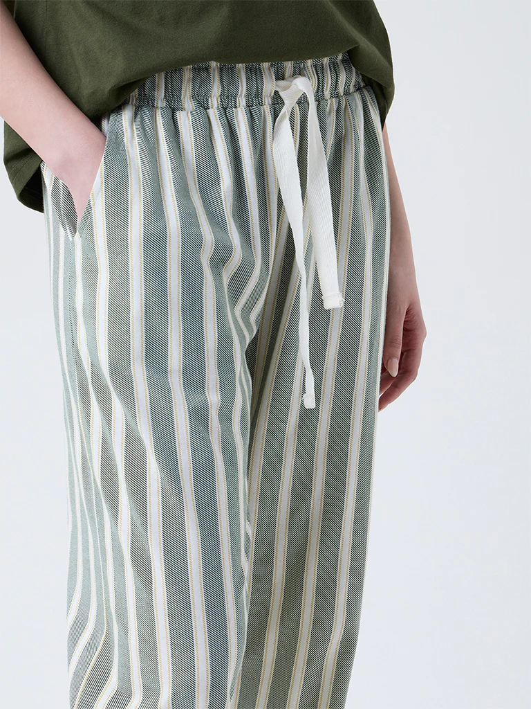 Wunderlove Green Striped Cotton High-Rise Lounge Pants - Image 3