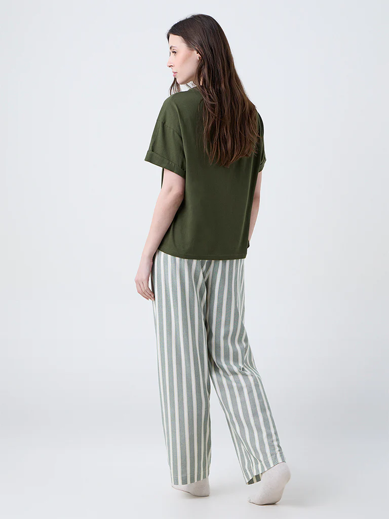 Wunderlove Green Striped Cotton High-Rise Lounge Pants - Image 4