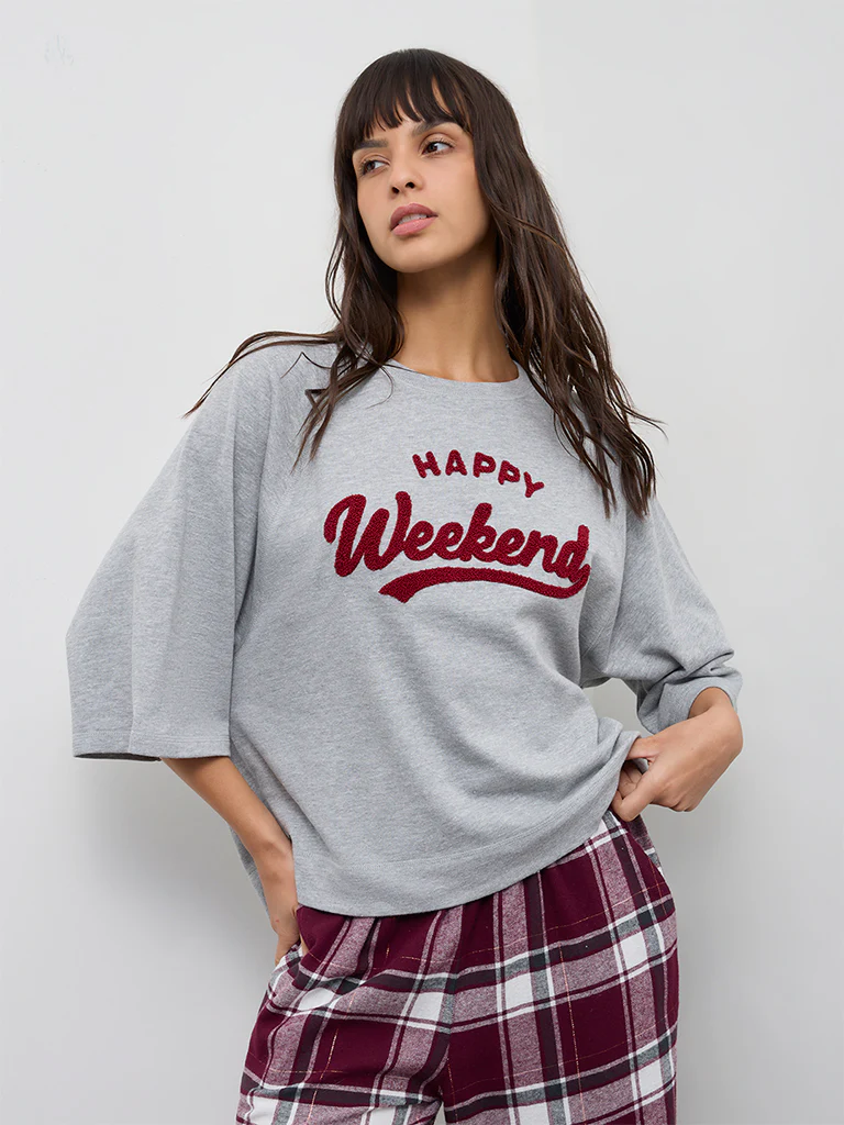 Wunderlove Grey Text Embroidered Cotton-Blend T-Shirt