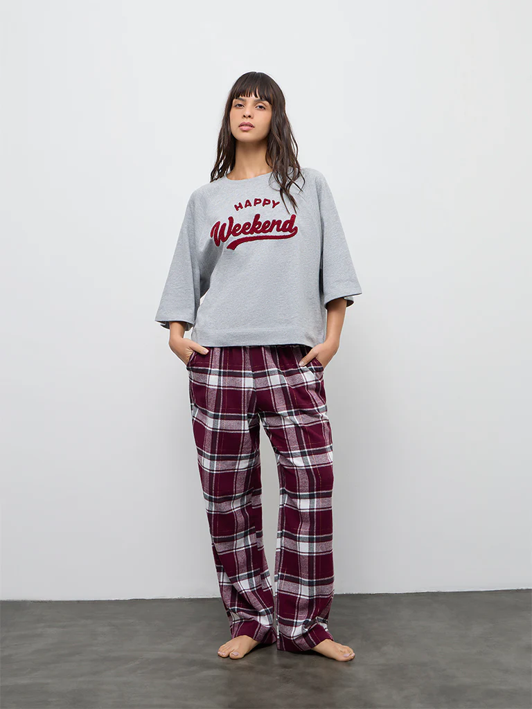 Wunderlove Grey Text Embroidered Cotton-Blend T-Shirt - Image 3