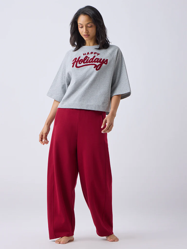 Wunderlove Grey Text Embroidered Cotton-Blend T-Shirt