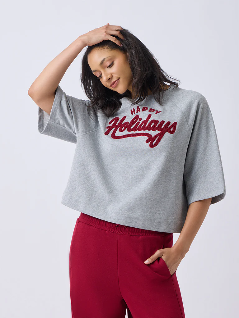 Wunderlove Grey Text Embroidered Cotton-Blend T-Shirt - Image 2