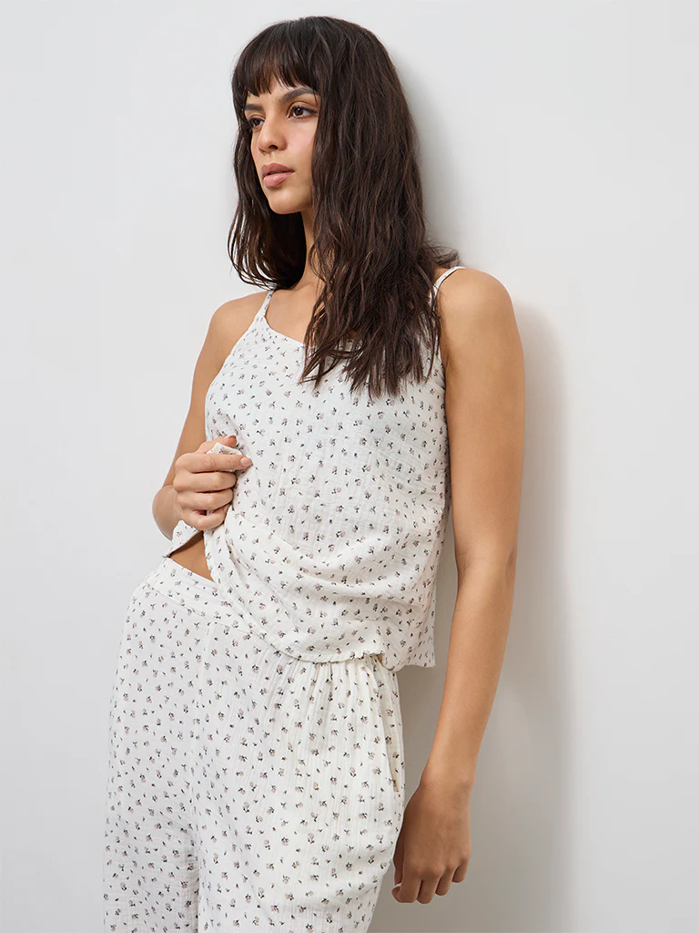 Wunderlove Ivory Floral Printed Cotton Camisole and Pant Set - Image 2