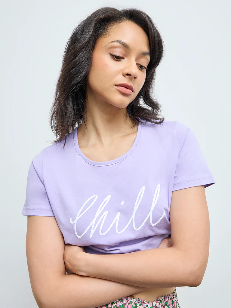 Wunderlove Lavender Text Printed Cotton T-Shirt - Image 3