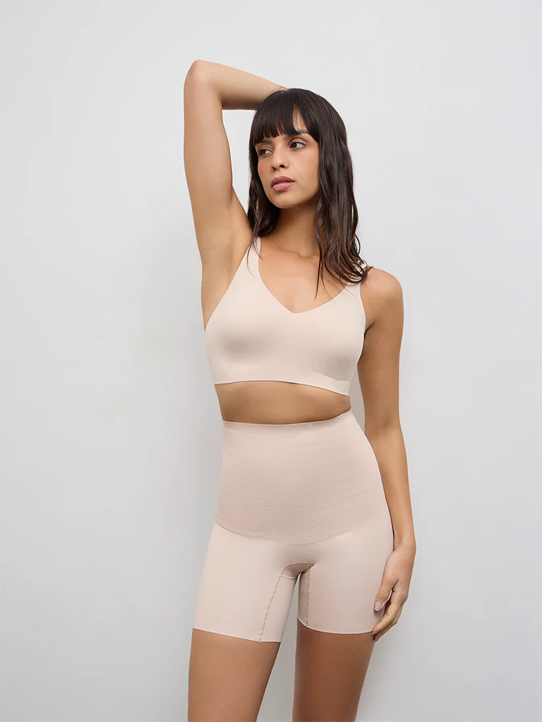 Wunderlove Light Beige High-Rise Cotton-Blend Shapewear Shorts