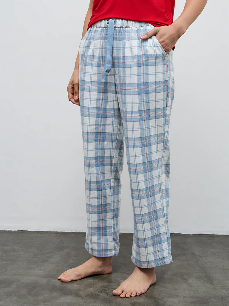 Wunderlove Light Blue Checkered High-Rise Cotton Pyjamas - Image 2