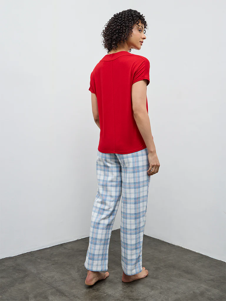 Wunderlove Light Blue Checkered High-Rise Cotton Pyjamas - Image 4