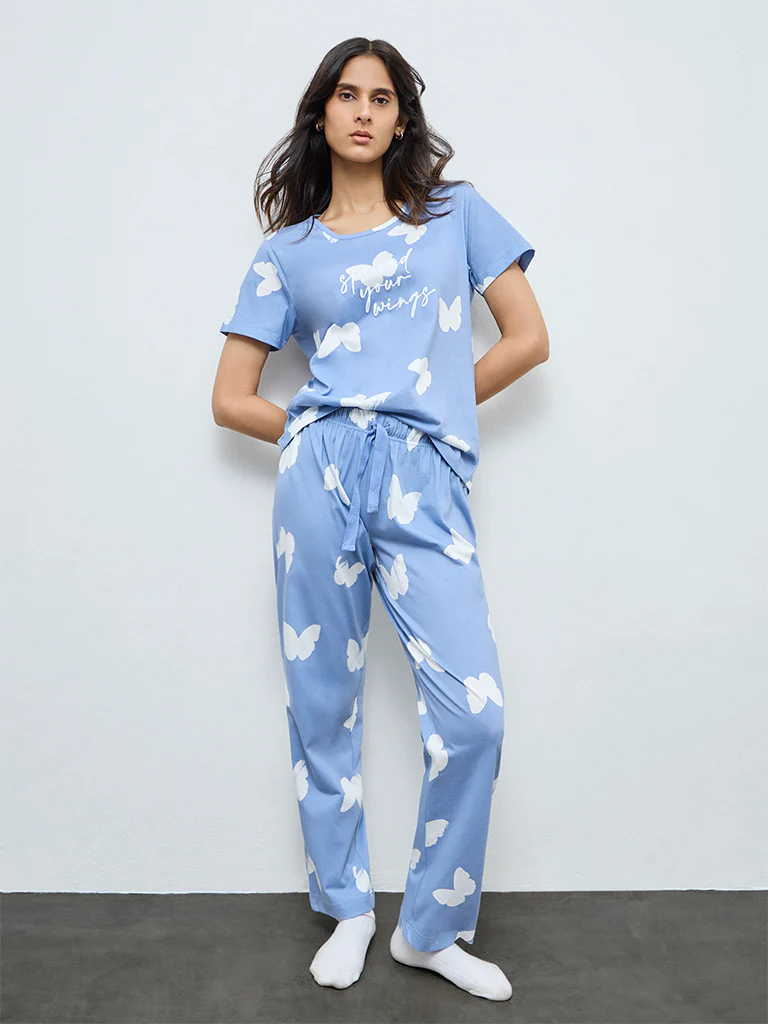 Wunderlove Light Blue Printed Cotton Pyjamas Set In A Bag