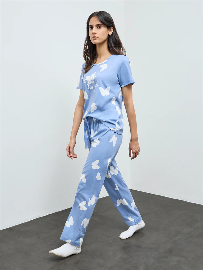 Wunderlove Light Blue Printed Cotton Pyjamas Set In A Bag - Image 2