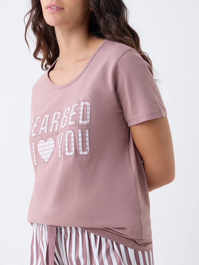 Wunderlove Light Brown Cotton Pyjama Set in a Bag - Image 3