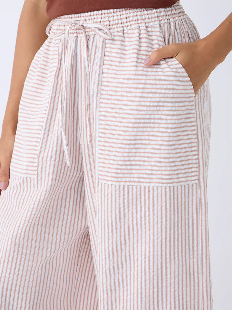 Wunderlove Light Brown Wide-Leg High-Rise Cotton Pants - Image 3