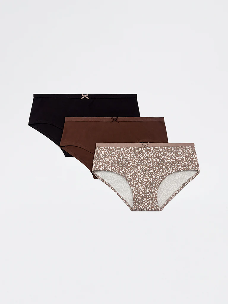 Wunderlove Light Taupe Animal Printed Low-Rise Cotton-Blend Briefs - Pack of 3 - Image 2
