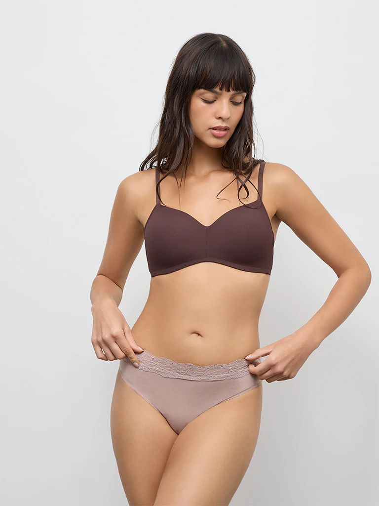 Wunderlove Light Taupe Lace Detailed Hi-Leg Cotton-Blend Briefs - Pack of 3