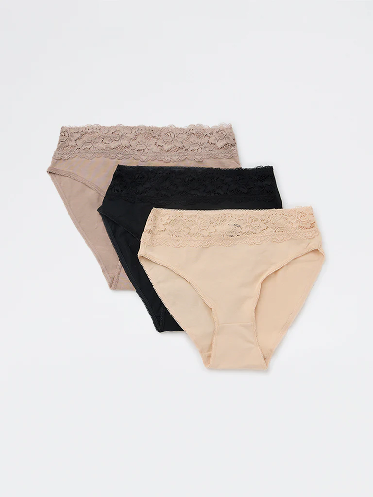 Wunderlove Light Taupe Lace Detailed Hi-Leg Cotton-Blend Briefs - Pack of 3 - Image 2