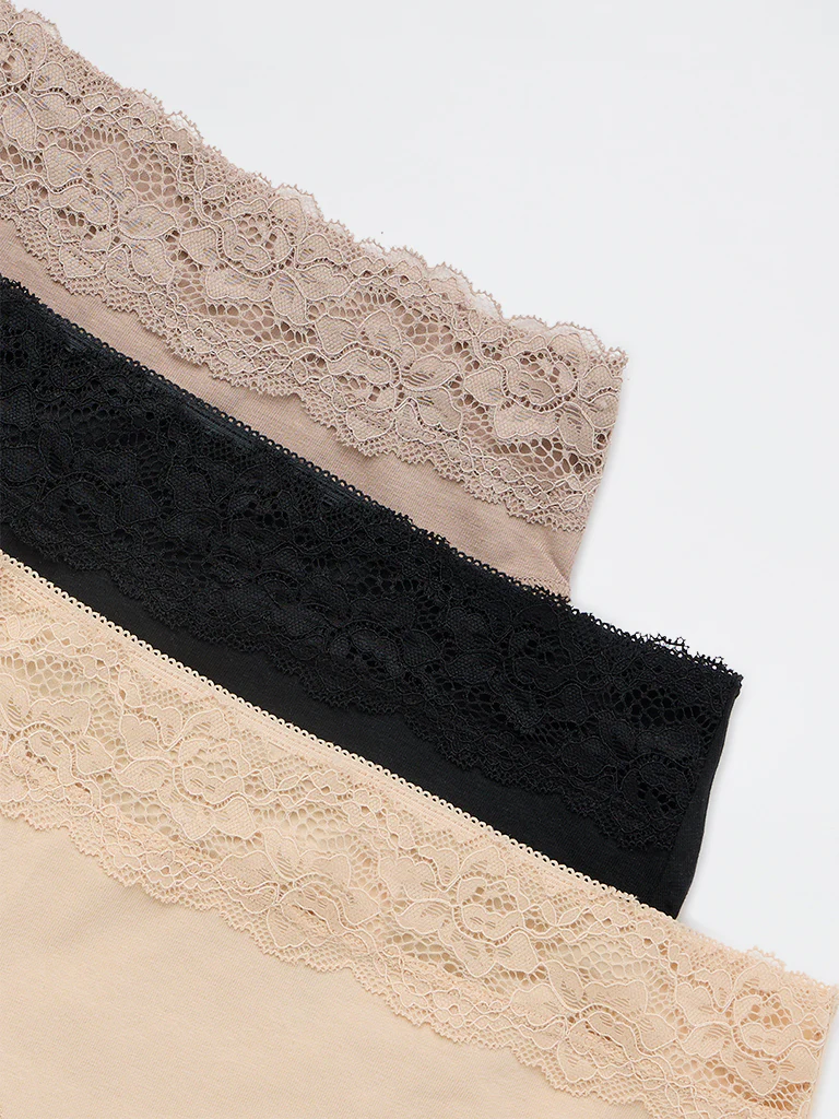 Wunderlove Light Taupe Lace Detailed Hi-Leg Cotton-Blend Briefs - Pack of 3 - Image 8