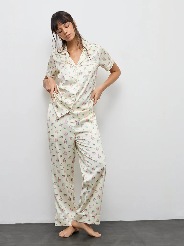 Wunderlove Light Yellow Floral Printed Shirt and Pyjamas Set - Image 2